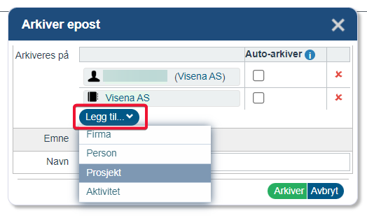 Legg til … med valgene Firma, Person, Prosjekt og Aktivitet