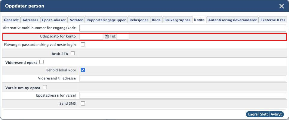Oppdater person, Konto