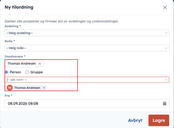 Dialogen Ny tilordning med innehaver valgt