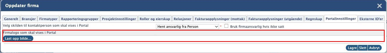Oppdater firma, fanen Portalinnstillinger