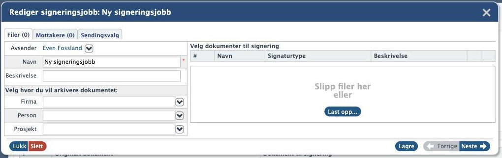 Dialogen Rediger signeringsjobb, fanen Filer