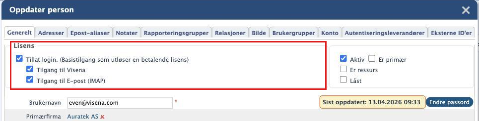 Dialogen Oppdater person, fanen Generelt