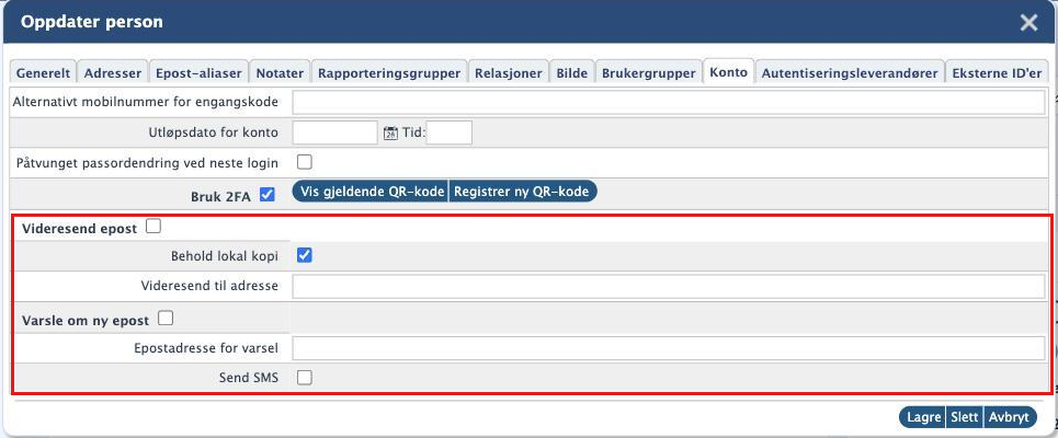 Oppdater person, fanen Konto