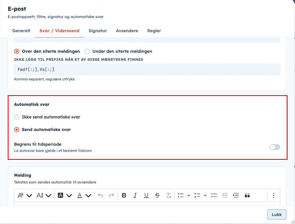 Fanen Svar / Videresend med Automatisk svar
