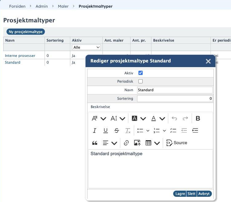 Dialogen Rediger prosjektmaltype