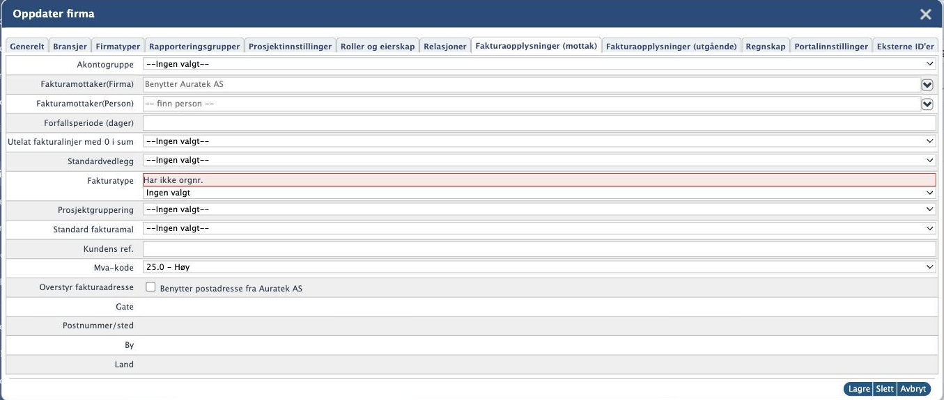 Oppdater firma, fanen Fakturaopplysninger (mottak)