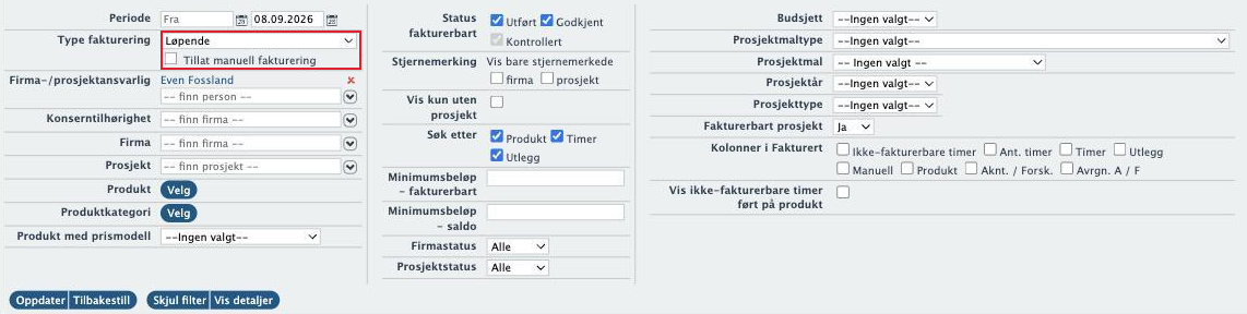 Faktureringsbildet med Type fakturering satt til Løpende og avhukingen Tillat manuell fakturering