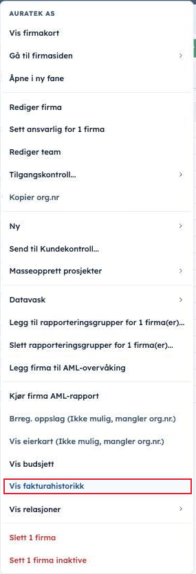 Høyreklikkmenyen på et firma, med Vis fakturahistorikk