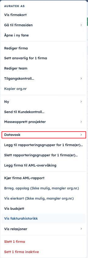 Høyreklikkmenyen på et firma, med Datavask