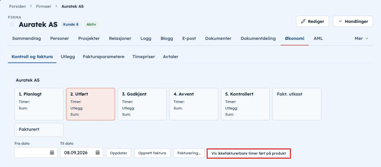 Firmakortets fane Økonomi, Kontroll og faktura