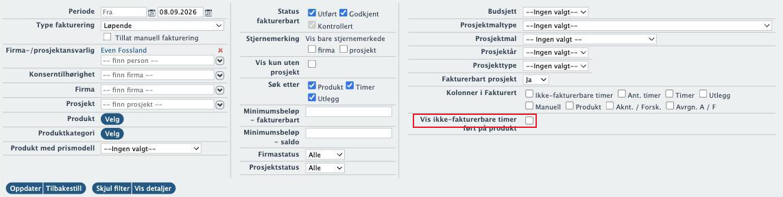 Faktureringsbildet med avhukingen Vis ikke-fakturerbare timer ført på produkt