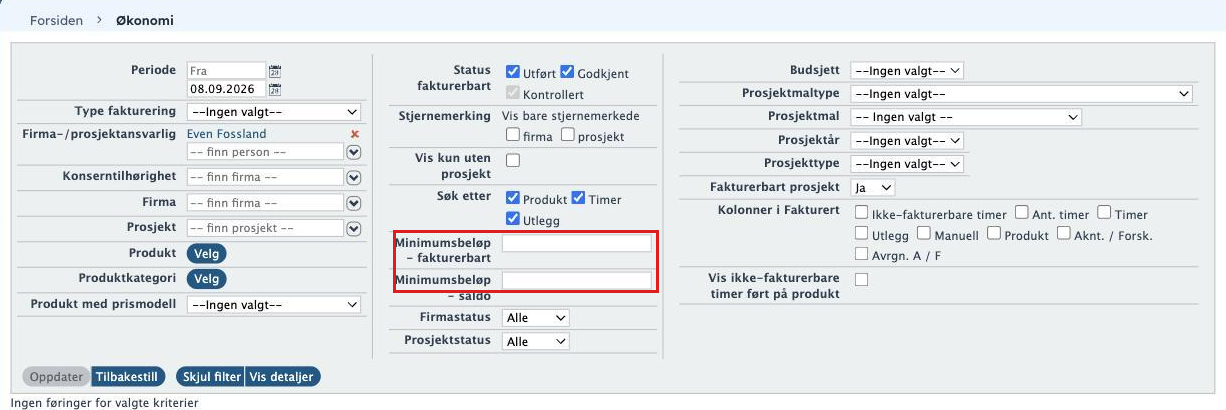 Faktureringsbildet med Type fakturering