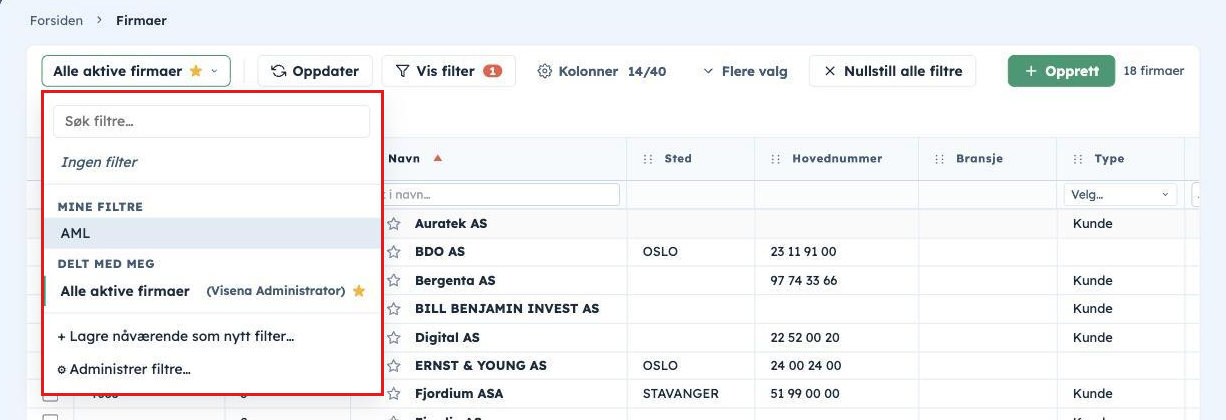Filtermenyen