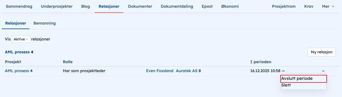 Fanen Relasjoner på prosjektkortet