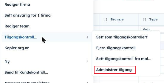 Undermenyen Tilgangskontroll i firmalista