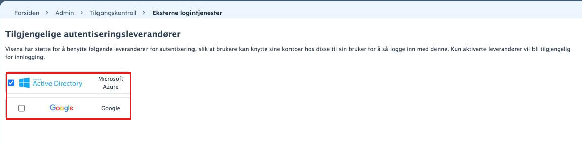 Admin, Tilgangskontroll, Eksterne logintjenester