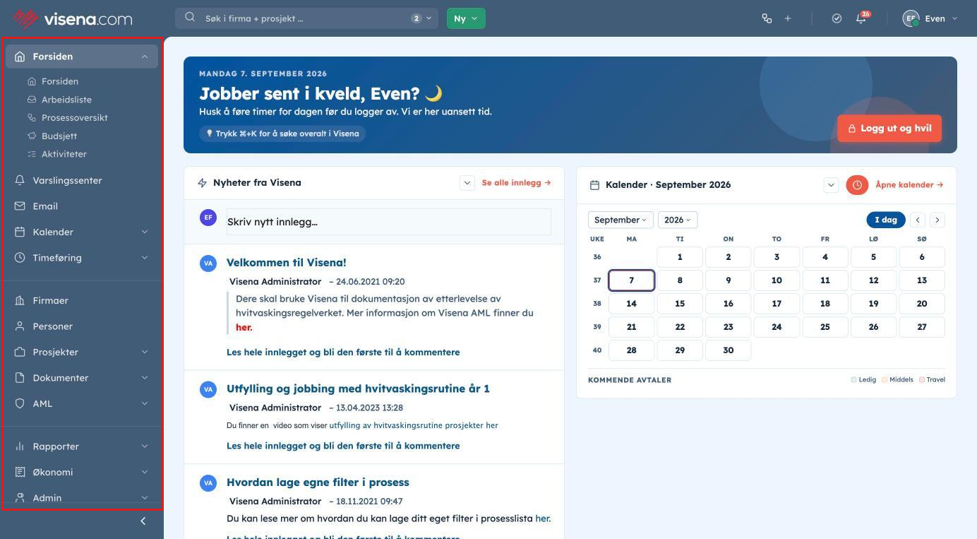 Forsiden i nytt design med menyen til venstre