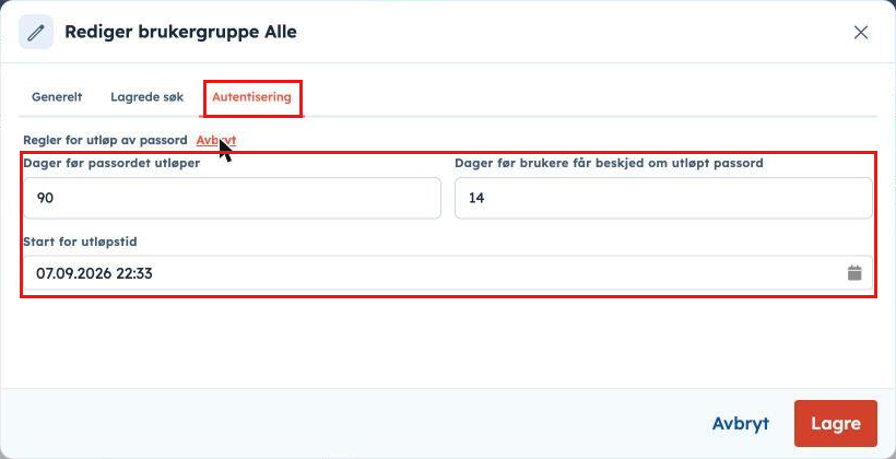 Dialogen Rediger brukergruppe, fanen Autentisering