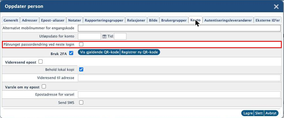 Dialogen Oppdater person, fanen Konto