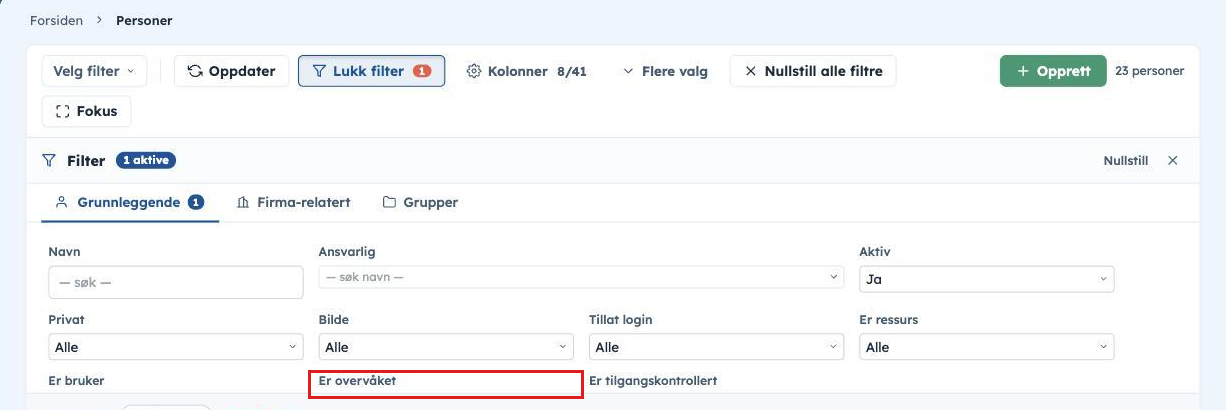 Personlisten med filteret Er overvåket