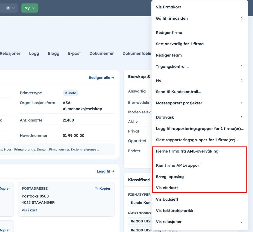 Handlinger-menyen på firmakortet