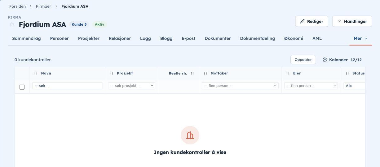 Firmakortets fane Kundekontroll