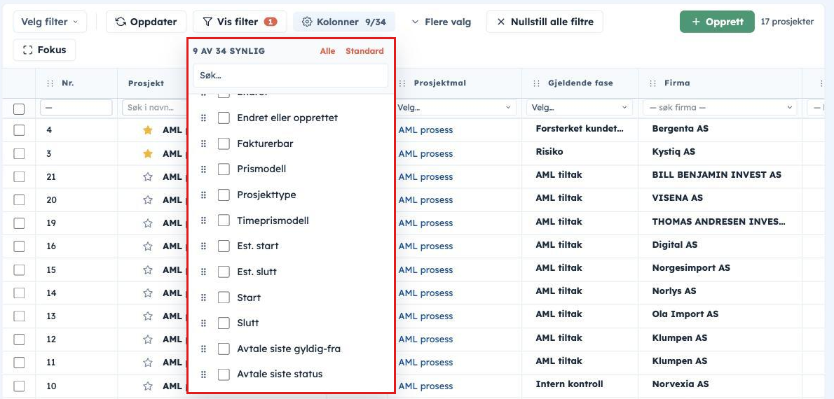 Kolonner-panelet i prosjektlista
