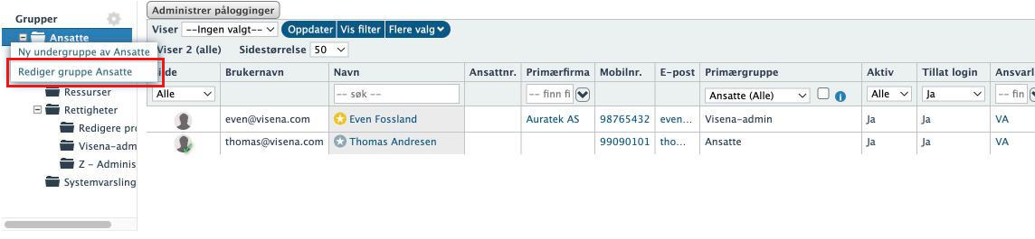 Høyreklikkmenyen på toppgruppen med valget Rediger gruppe