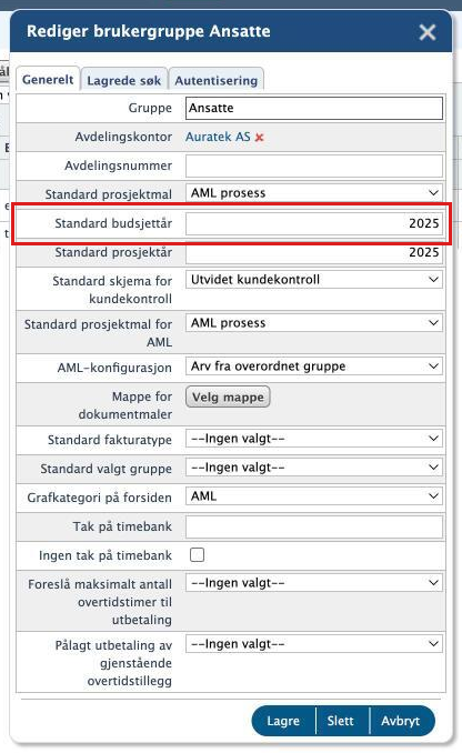 Dialogen Rediger brukergruppe med feltet Standard budsjettår