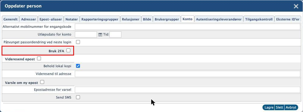 Fanen Konto i dialogen Oppdater person, med avhukingen Bruk 2FA