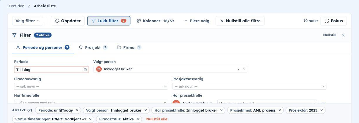 Filteret i arbeidslista