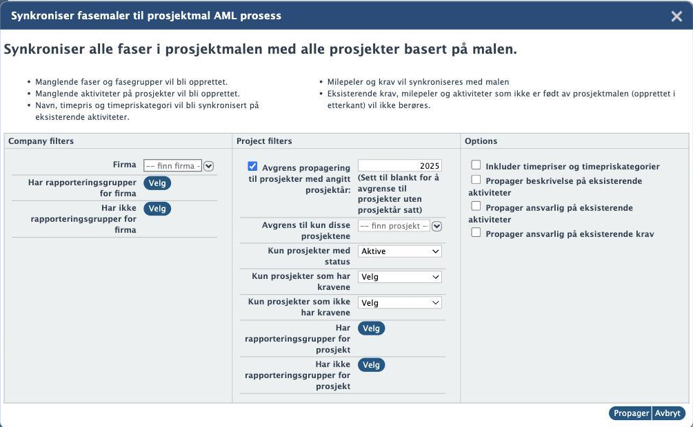 Dialogen Synkroniser fasemaler til prosjektmal