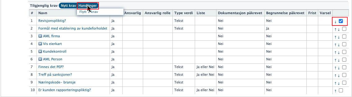 Kravlista med avkryssingsboksen og Handlinger
