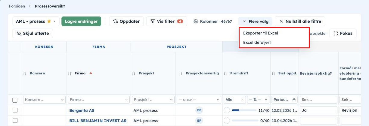 Flere valg i prosessoversikten