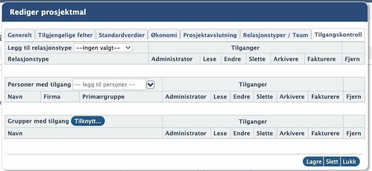 Rediger prosjektmal, fanen Tilgangskontroll