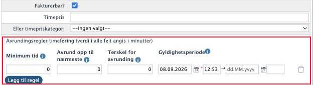 Rediger aktivitetsmal med Avrundingsregler timeføring og knappen Legg til regel