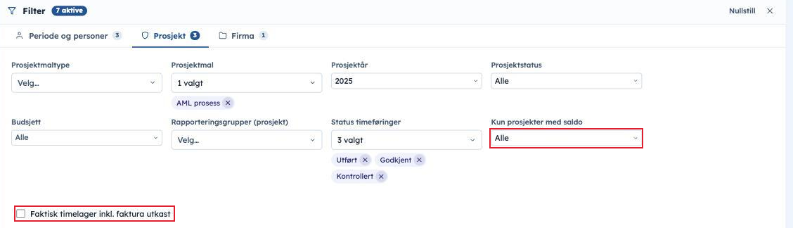 Arbeidsliste, fanen Prosjekt i filteret, med Kun prosjekter med saldo og Faktisk timelager inkl. faktura utkast