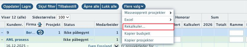 Menyen Flere valg med valget Rekalkuler