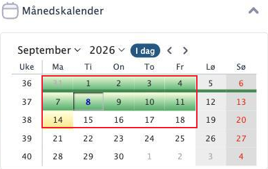 Månedskalenderen med grønne, gule og godkjente dager