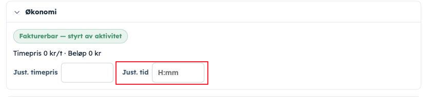 Delen Økonomi med feltene Just. timepris og Just. tid