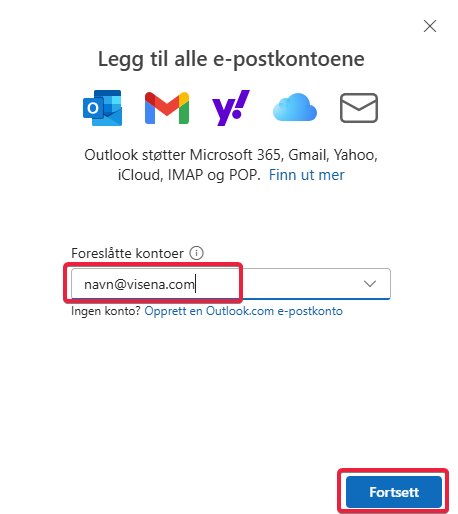 E-postadressen skrives inn i Outlook