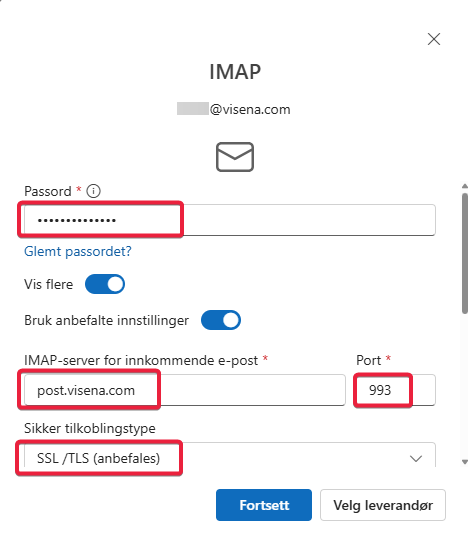 IMAP-innstillingene i Outlook, øverste del