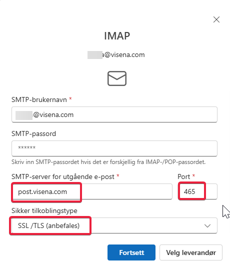 IMAP-innstillingene i Outlook, nederste del