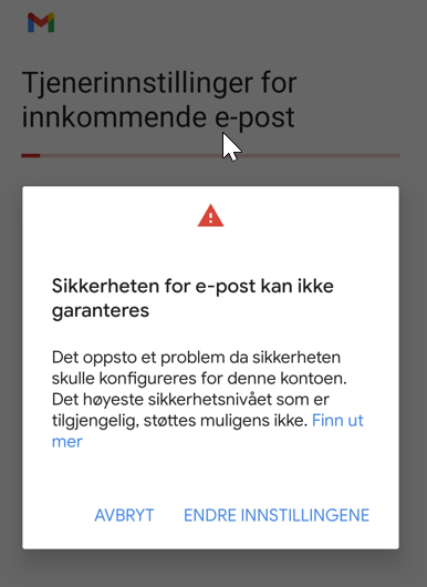 Feilmelding ved oppsett på Android