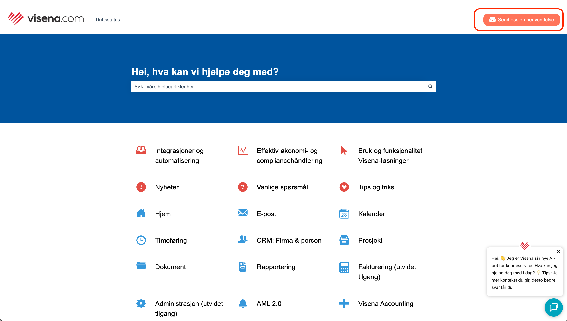Send oss en henvendelse-knappen i hjelpesenteret
